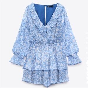 Zara Light Blue Floral Ruffled Romper
